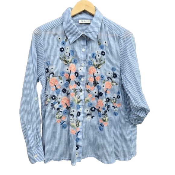 Style & Co Petite Cotton Floral Embroidered Button Up Blouse - Picture 1 of 5